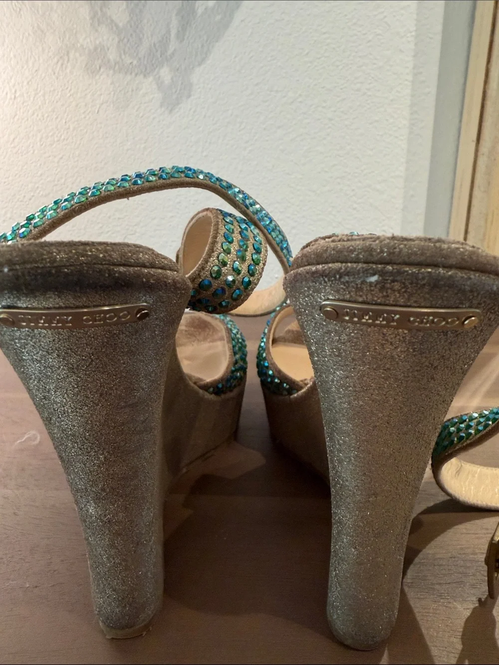 Jimmy Choo Gold Heeled Sandals with Aqua Crystal Accents VINTAGE